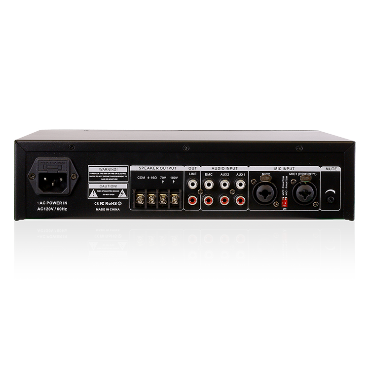 Commercial mixer amplifier DM-MA180, rear panel with inputs, outputs, and speaker terminals